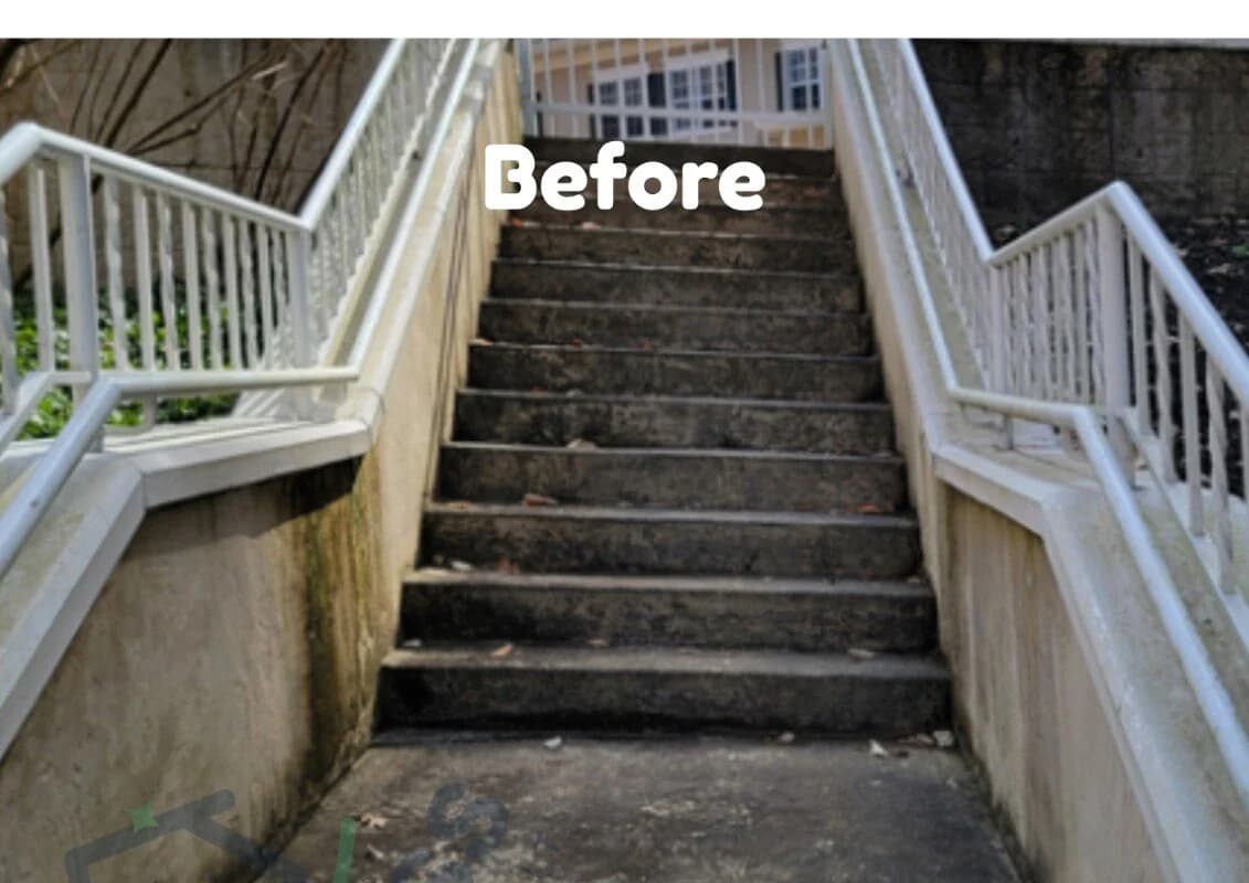 Dark staining on exterior concrete steps before cleaning